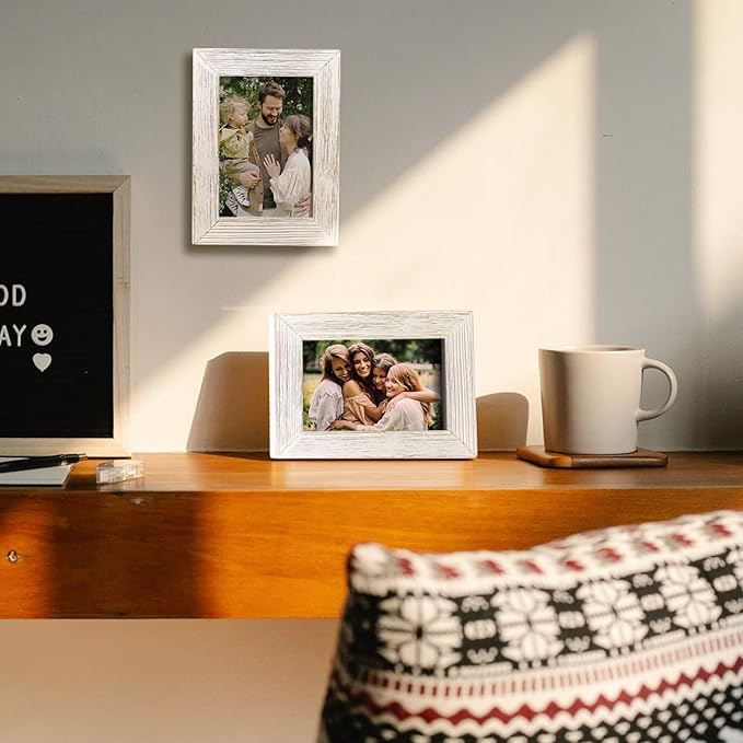 Wooden 5 x 7 Picture Frame Distressed Farmhouse Weathered Rustic Photo Frame Vintage White Wood Grain & Clear Glass Front Tabletop Display Wall Mounting Wedding Baby Family Portraits Home Office Decor