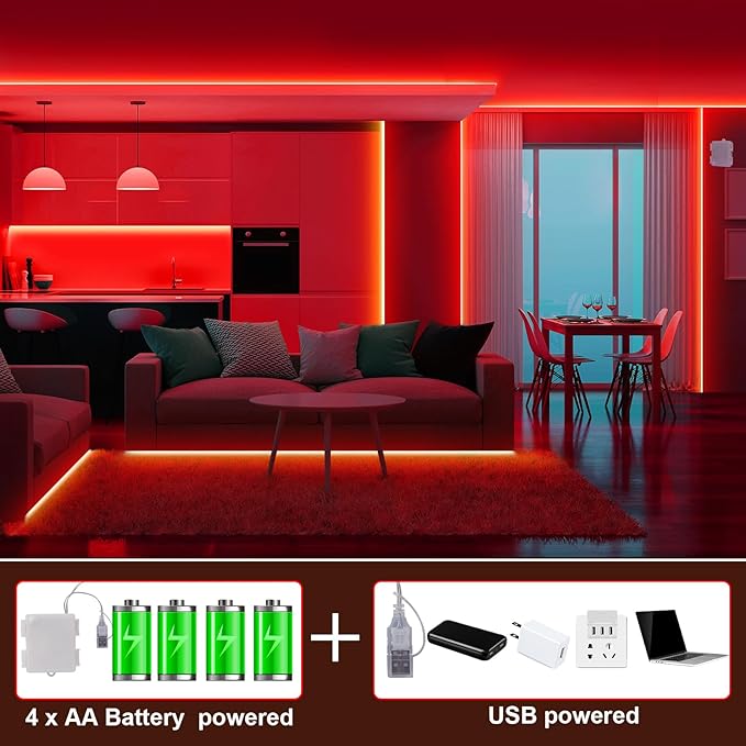 Red COB LED Strip Lights Battery Powered, 6.56FT 640LED Light Strip Wireless Dimmable Cuttable Flexible LED Lights with Remote for Boat, Cars Motorcycles, Computer, Party, TV Wall, DIY Decoration