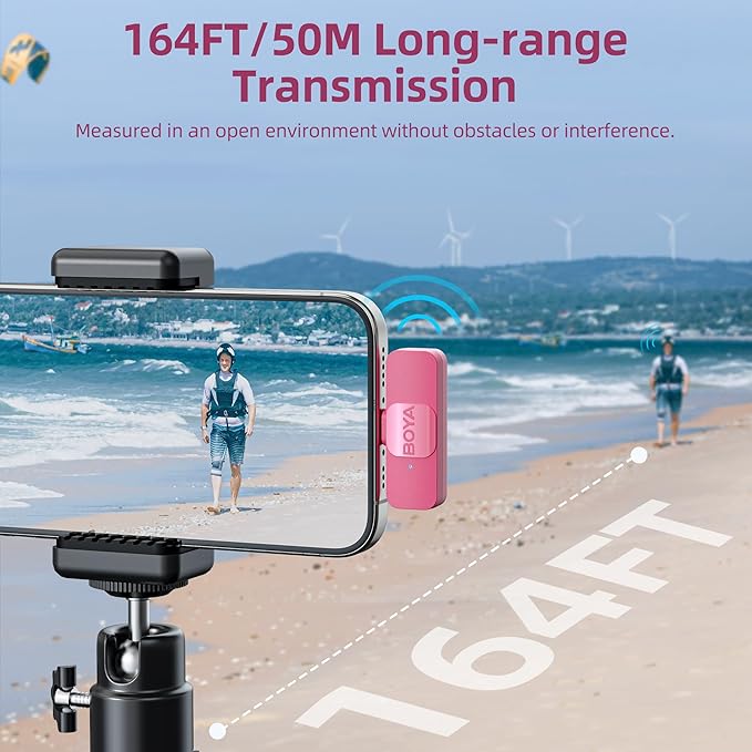 BOYA Wireless Lavalier Microphone for iPhone iPad Phone Omnidirectional External Mini Lapel Lightning Microphone for iPhone Clip-On Mic for Video Recording Podcast YouTube Live Streaming (Pink)