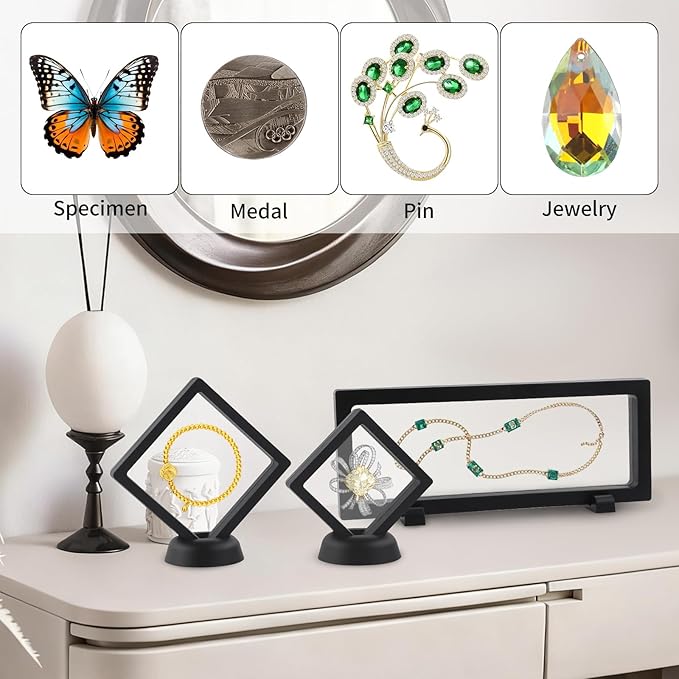 20 Pack 3D Black Floating Display Case with Bases, 3 Sizes Challenge Coin Display Holder, Transparent PE Jewelry Storage Box for Medallions, Jewelry, Coins, Sea Shell Collectibles