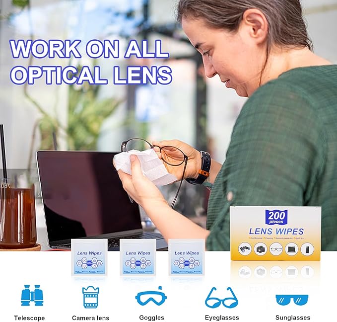 Lens Wipes for Eyeglasses,Eyeglass erasers are packed separately，Glasses cleaner for cleaning glasses, camera lenses, sunglasses, mobile phone screens, goggles, etc. (200 pieces)
