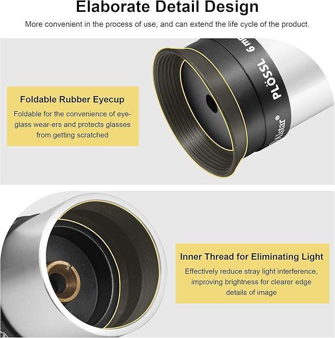 Alstar 1.25 Inch Plossl Telescope Eyepiece - 6mm Fully Multicoated Optical Lens for 1.25inch Astronomic Telescope and Astronomy Filters - 4 Element Plossl Design
