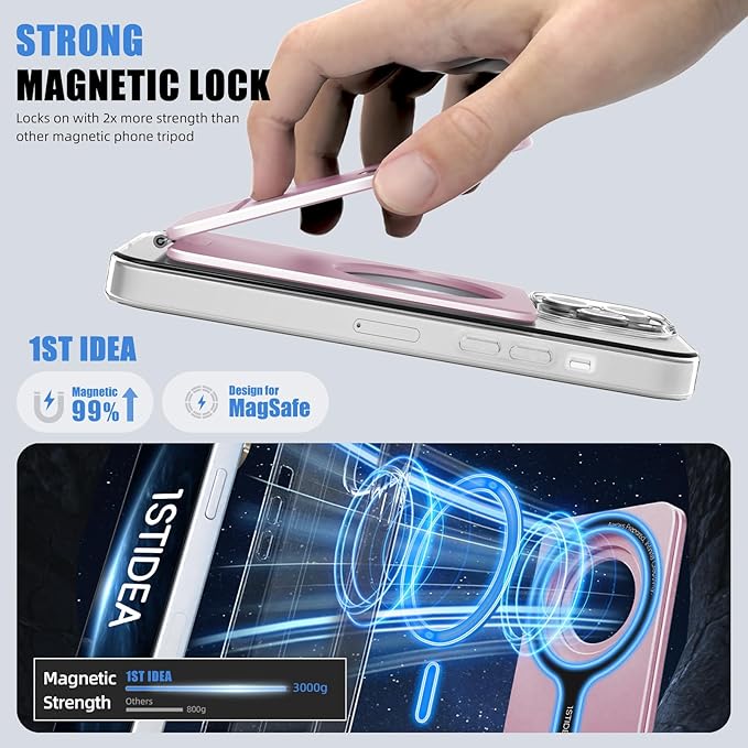 Magnetic Tripod for iPhone, Aluminium Phone Tripod Stand Compatible with Magsafe iPhone 17/16/15/14/13/12 Series, Foldable Strong Magnetic Phone Stand & Travel Essentials Accessories