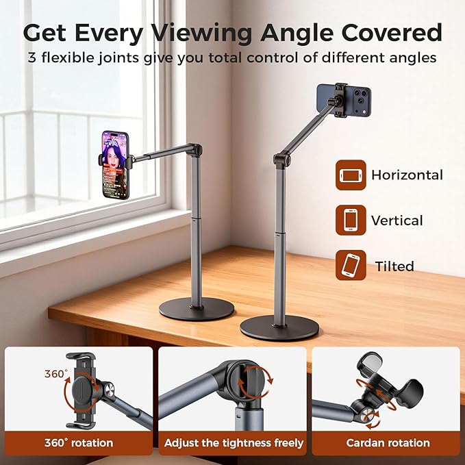 MoKo Overhead Tripod for iPhone, Heavy Duty Aluminum Overhead Phone Mount, Angle & Height Adjustable, Telescopic Arm, Overhead Phone Stand for Recording, Live Streaming, Cooking, Filming (Clip)