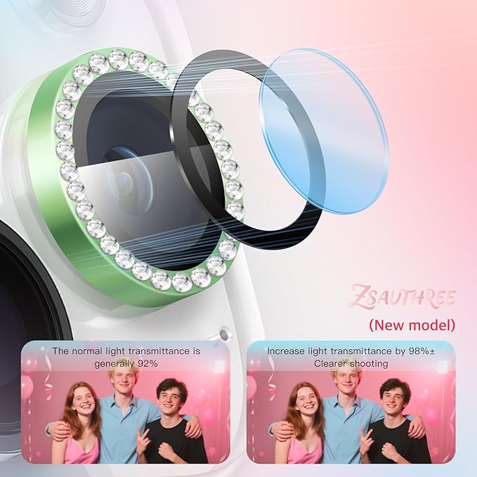 Camera Lens Protector Bling Compatible for iPhone 15 Pro/15 Pro Max,9H Tempered Glass,1Step Installation Tray,HD Clear/Military Grade Shatterproof/Scratch Resistant(Diamond Green)