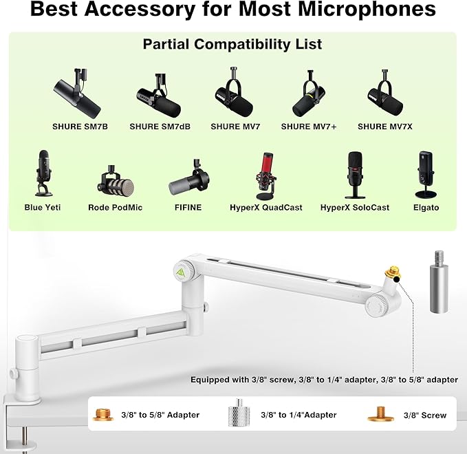 Low Profile Boom Arm (Design for Heavy Mic) 6.6lbs Load Capacity, Gear Lock Structure Never Sags, Metal Microphone Stand Desk Mount for Shure SM7B MV7+, Blue Yeti,Rode PodMic, White
