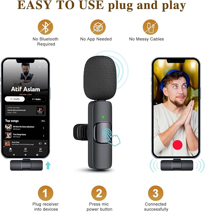 Wireless Microphone for iPhone 15 16，iPad, Android, Lavalier Microphone for Video Recording, Noise Reduction, Clip on Mini Mic for Tiktok, YouTube, Vlog, Podcast, ASMR