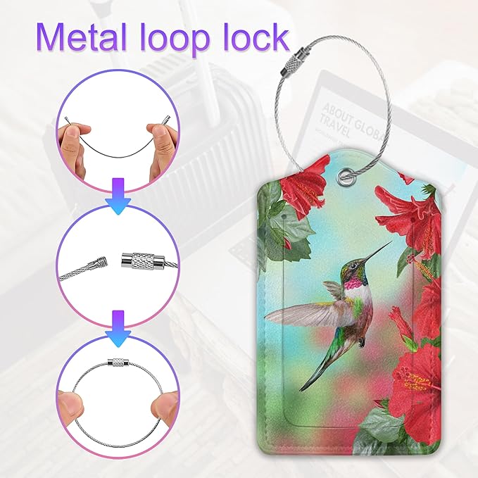 2 Pack Leather Luggage Tag for Suitcase Hummingbird and Hibiscus Unique Travel Tags with Privacy Cover ID Label & Stainless Steel Loop for Men and Women Baggage
