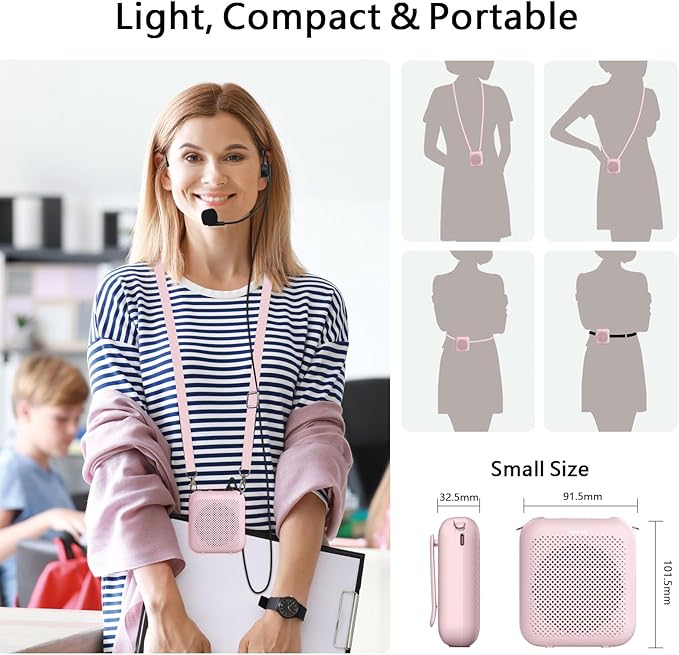 Norwii Bluetooth Voice Amplifier, Power Amplifiers, Portable Mini Wired Microphone Headset for Teacher Classroom & Outdoor Lectures, Teaching, Tour Guides, USB-C Rechargeable - 4000mAh, Pink