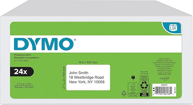 DYMO Authentic LW Standard Shipping Labels for LabelWriter Label Printers, White, 2-5/16" x 4", 24 Rolls of 300 (7,200 Total)