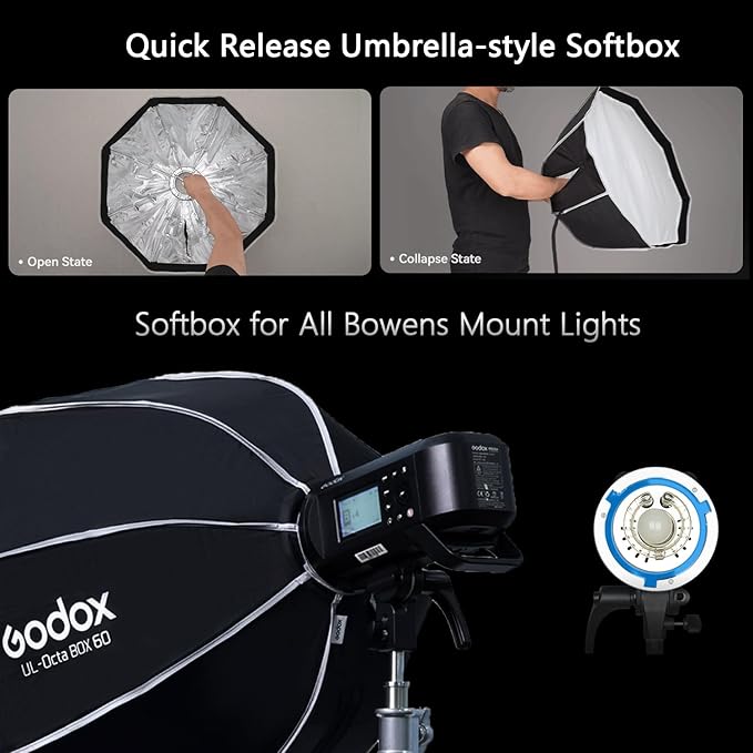 Godox UL-Octa 60cm Quick Release Octagonal Softbox, Foldable 24" Octabox Fast Setup, Universal Bowens Mount Soft Box with Diffusers/Honeycomb Grid for Portrait Photgraphy Studio Monolight Video Light