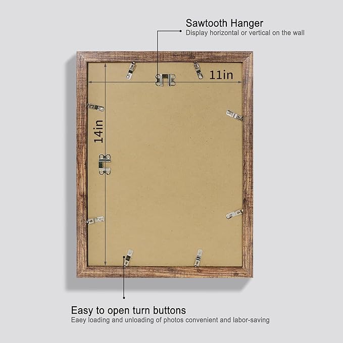 11x14 Picture Frame Set of 4, Made of Glass and Rustic Brown Wooden Frame, Display 8x10 Pictures with Mat or 11 x 14 Posters without Mat for Wall Mounting, Gallery Photo Frames