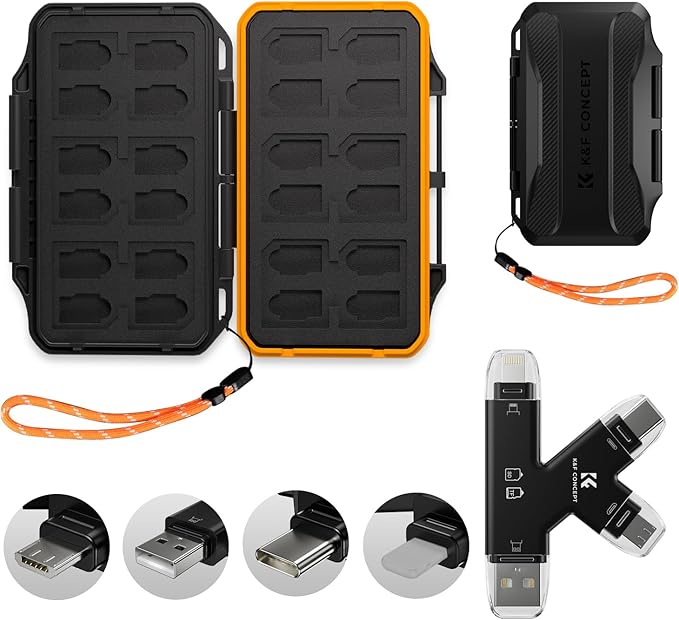 K&F CONCEPT 36 Slots Memory Card Case with 4-in-1 Card Reader, Anti-Shock Card Carrying Storage Case for 24 Micro SD/TF/, 12 SD/SDXC/SDHC Cards