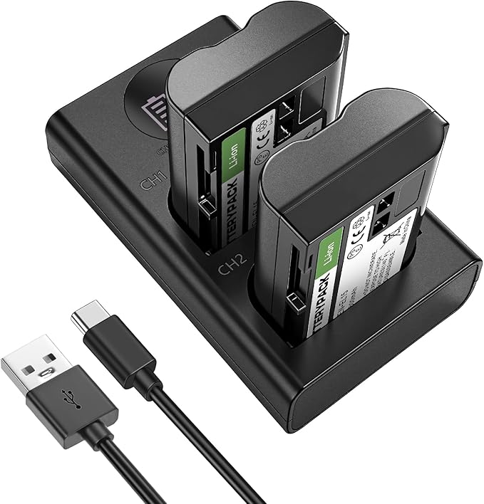EN-EL15 Replacement Battery 2-Pack with LCD Dual Charger - 2800mAh Li-ion Battery for Nikon D850 D750 Z6II Z7II Z5 D500 D7500 D800 Z8 Zf D810 D800E D810A D600 D610 1 V1 DSLR & Mirrorless Cameras