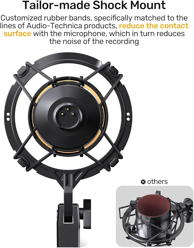 Custom AT2020 Microphone Shock Mount with Pop Filter, Anti-Vibration Suspension Shock Mount Mic Holder Clip Compatible with Audio Technica AT2020 AT2035 AT2020USB ATR2050 AT3035 AT3060 Mic
