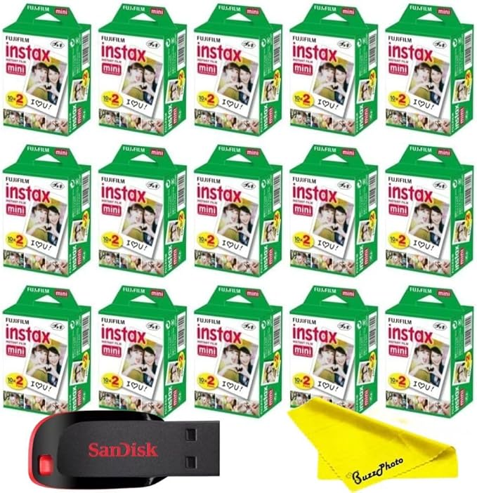 Fujifilm Instax Mini Instant Camera Film with Sandisk 32 GB USB Flash Drive + 15 x Mini Twin Packs (300 Sheets) and Buzz-Photo Microfiber Cleaning Cloth