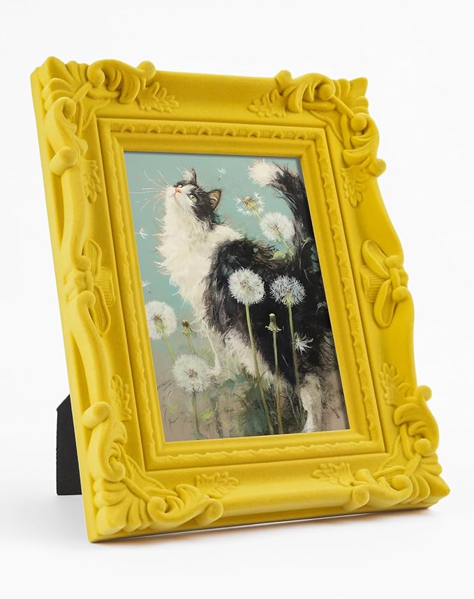 Yellow 5x7 Picture Frame with Stand for Tabletop Wall Display, Ornate Baroque Frame for Art Prints Family Portrait Landscape Paintings Posters, Cute Room Decor for Living Room Bedroom (Yellow)