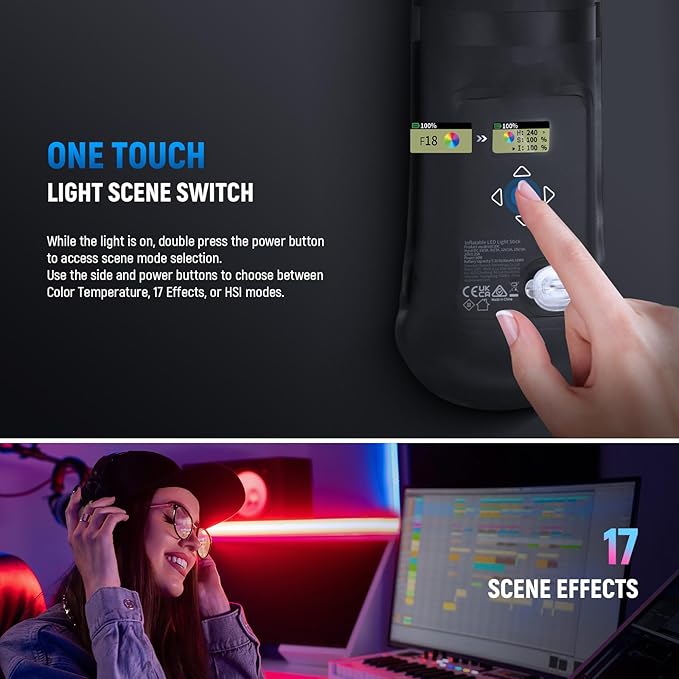 NEEWER BASICS 30W Handheld RGB Leuchtstab 35,5"/90cm, tragbare aufblasbare TPU Beleuchtung 5000mAh Typ C 45W in/30W Out, 3000Lux 17 Effekte 2700-6500K CRI95 für Studiofotografie Videoaufnahmen, GC30C
