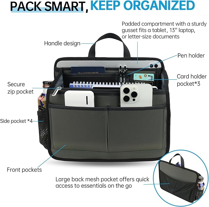 Small Rugged Organizer Insert for Briefcase Tote Shoulder Messenger Bag-19 Pockets,Durable Padded Nylon,Handle-Gray