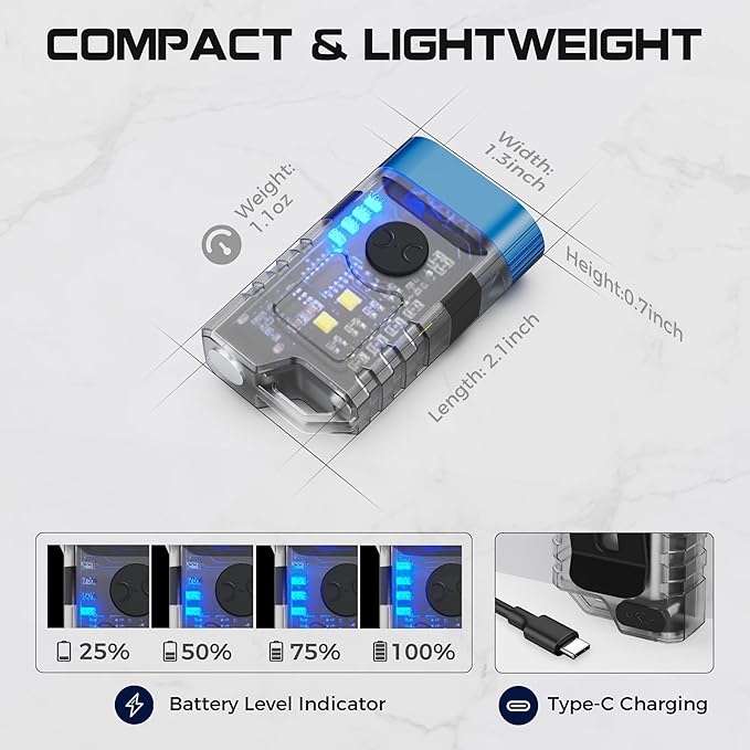 Rechargeable EDC Clip Keychain Flashlight, Pocket Small Mini Flashlights 500 Lumens, 10 Modes 2 Illumination Angles, USB C Charging Magnetic for Home, Emergency, Night Working, 2 Pack, Blue
