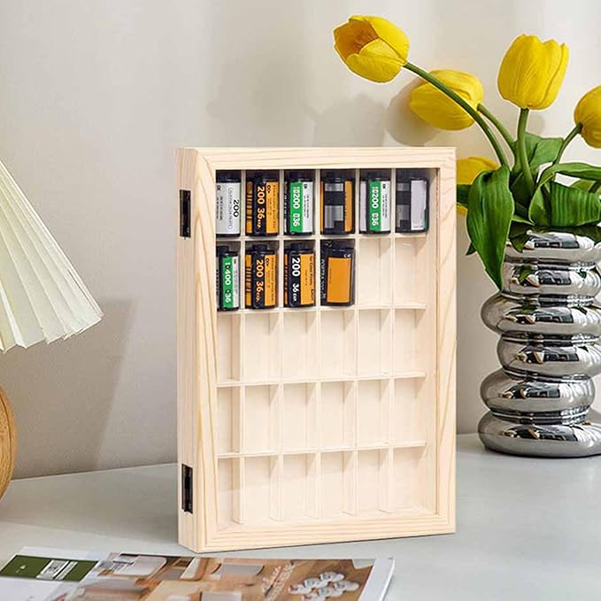Multipurpose Wooden Film Roll Display Case for Photography Enthusiasts Canister Collector Storage Box with Lid Transparents Organiser