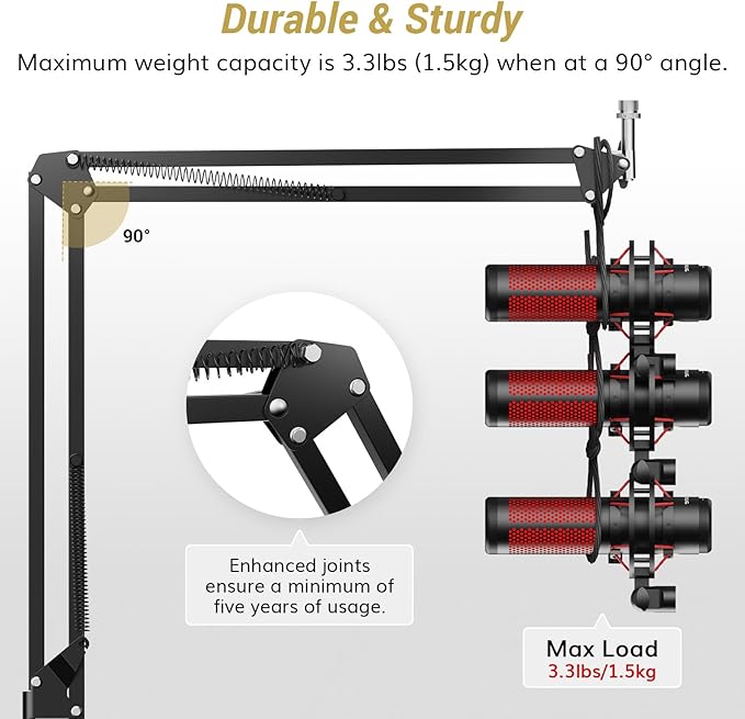 TONOR Microphone Boom Arm, Adjustable Microfono Stand Mic Arm with Extra-large Pop Filter, 3/8’’ and 5/8’’ Screwadapter, Equipment for Podcast, Recording, Streaming, 35cm+35cm, T10
