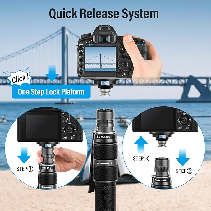 SIRUI SVM-145 Carbon Fiber Camera Monopod with Feet, 60.7" Professional Lightweight Travel Monopod with Fluid Video Head for DSLR Camera, One-Step Height Adjustment, Modular, Max Load 22lbs