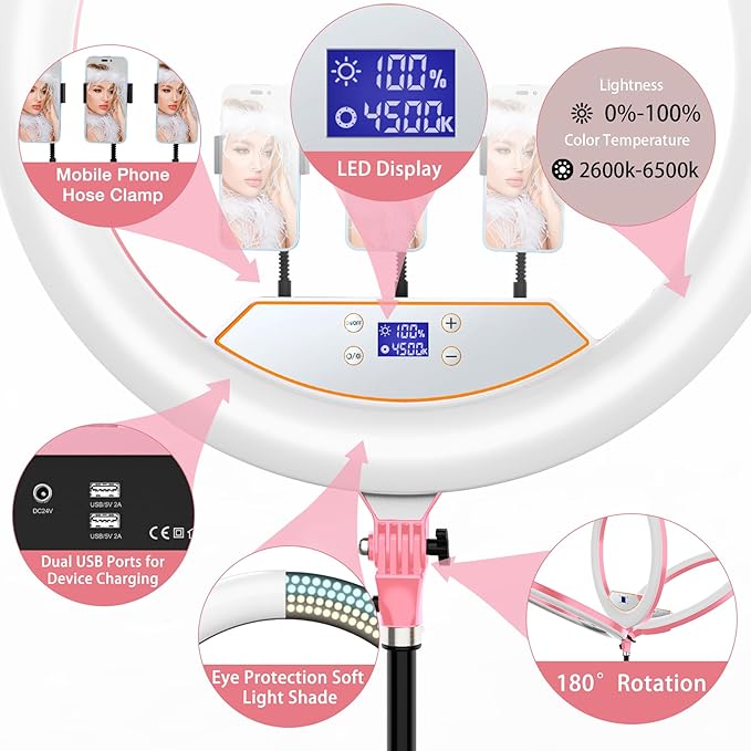 22"Ring Light with Stand,Ring Light Tripod for iPhone ipad,with 75"Tripod/LCD Display/4 ipad iPhone Clips/2 USB Ports,2600K-6500K Color Temperature,for Barber Makeup Tattoo TikTok Video Recording Vlog