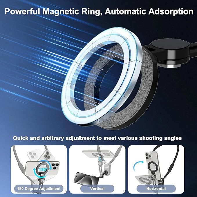 Magnetic Neck Phone Holder, 4 in 1 Neck Mount for Phones Action Camera Gopro, Hand Free Cell Phone Neck Holder for Recording POV/Vlog Video Selfie, Neck Tripod for iPhone, GoPro, Android Phones Black