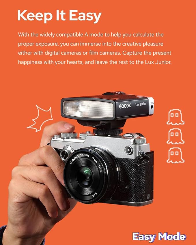 Godox Lux Junior Retro Camera Flash with Diffuser, Speedlite GN12 6000K±200K CCT, Automatic and Manual Modes 1/1-1/64 Flash Power, 28mm Focal Length for Canon Nikon Sony Fuji Olympus Hot Shoe Cameras