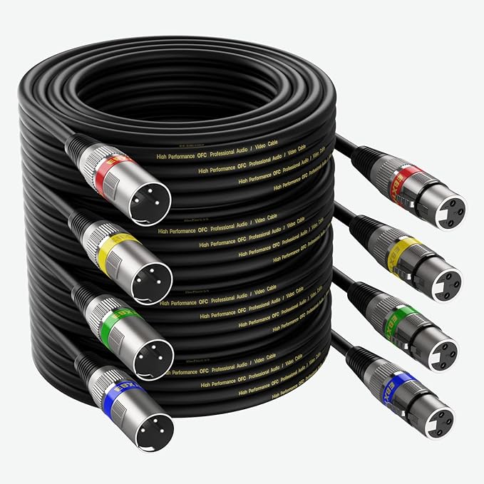 EBXYA XLR Cable 10 ft 4 Pack - Stage Light DMX Cable, Premium Balanced 3-Pin XLR Male to Female Microphone Cable, Black