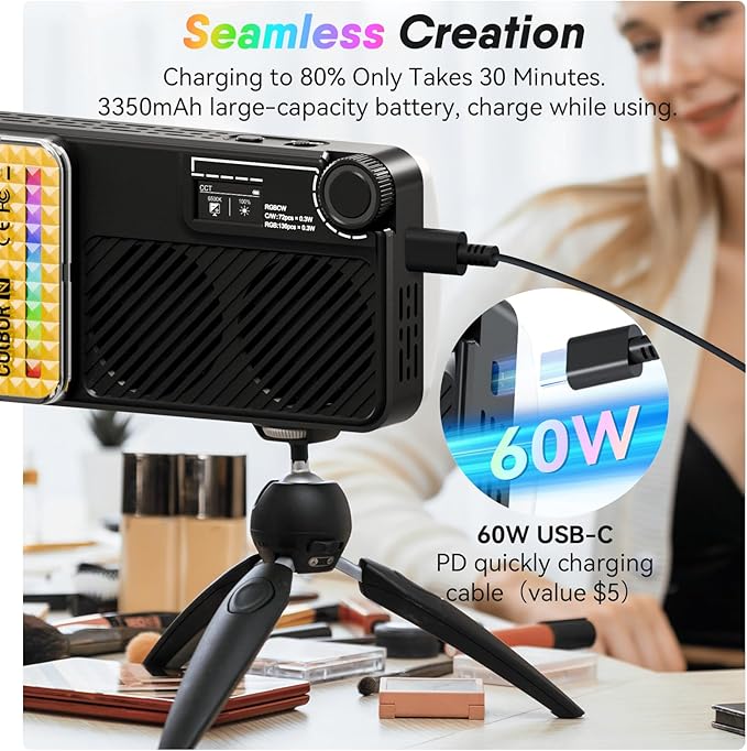 Moman Small LED Camera Light 40W, Full RGB Video Lights with Diffuser, App Control, 2500-9000K, CRI 97+, USB-C Fast Charging, Portable Photography Fill Light for Sony Canon Video Recording