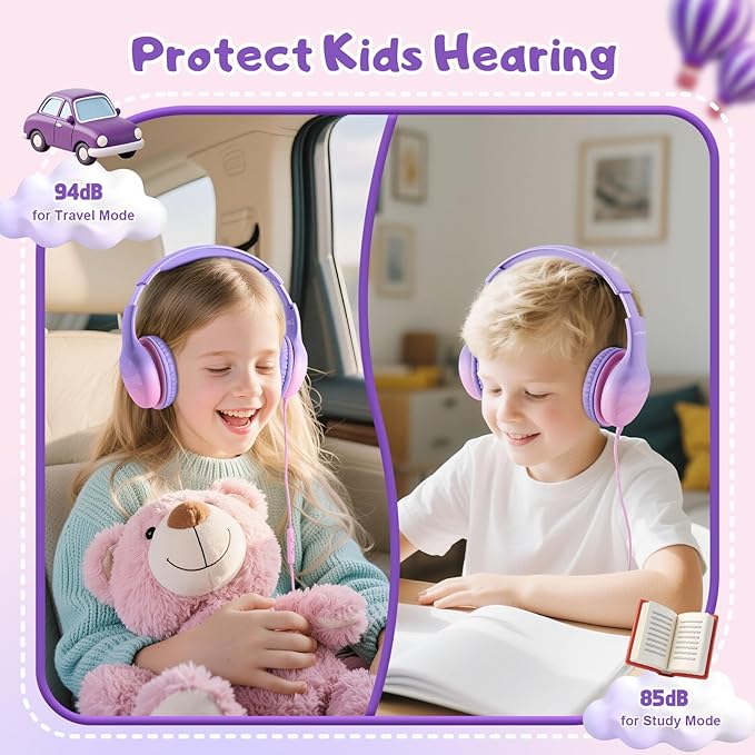 USB Type C Kids Headphones, Wired Headphones for Kids with Microphone 85/94dB Volume Limit, Stereo Sound Portable Over Ear Headphones for School/Travel/Tablet/iPad, Violet Pink