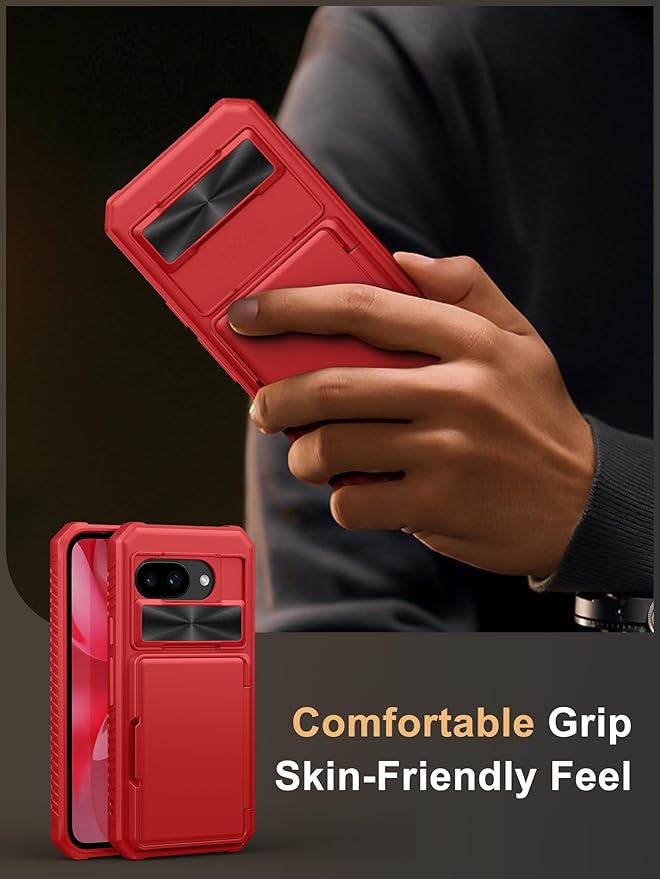 Vihibii for Google Pixel 9a Case with Card Holder (4 Cards), [RFID Blocking] & Slide Camera Cover, Military Grade Drop Protection, Heavy Duty Shockproof Wallet Cover for Google Pixel 9a 2025, Red