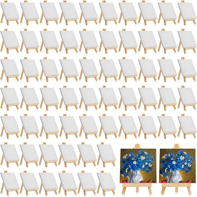 Mimorou 64 Pack 5 x 5 Inch Mini Canvases with Easel Sets for Painting Small Art Stretched Canvases Panels Pack for Kids Classroom Crafts Valentine's Day Painting Gift Easter Crafts