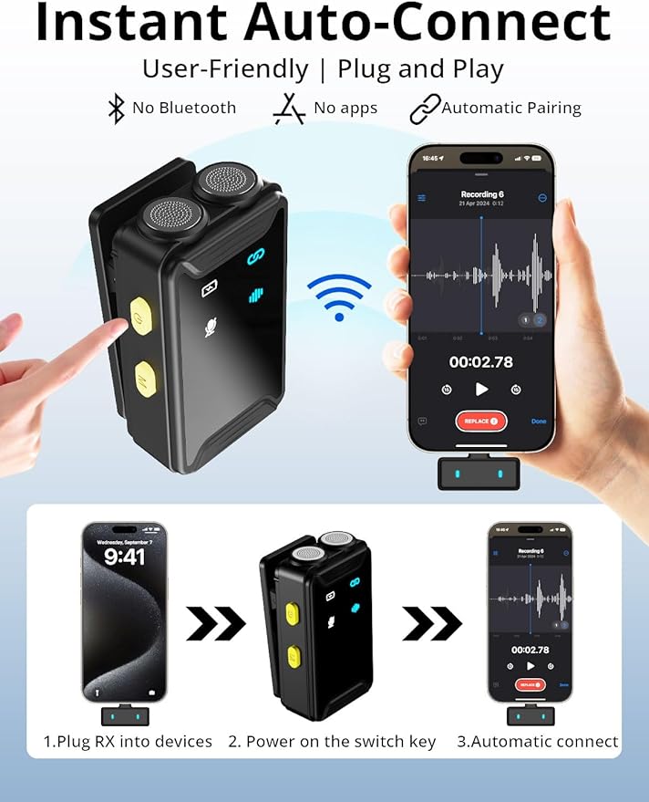 Mini Microphone for iPhone/Android(2TX+2RX+Charging Case)with AI Noise Cancelling, Wireless Lavalier Mic with 48kHz/24-bit High Fidelity,48H,164FT for Vlogging/Video Recording/Content Creators/TikTok