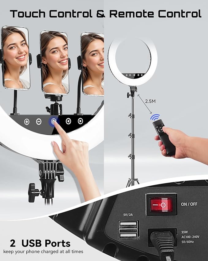 18" Professional LED Ring Light Kit with Tripod,CRI≥95, 3000K-6000K Adjustable Brightness & Color Temp, Includes Phone Holder & Remote for Live Streaming, YouTube, TikTok, Photography, Makeup