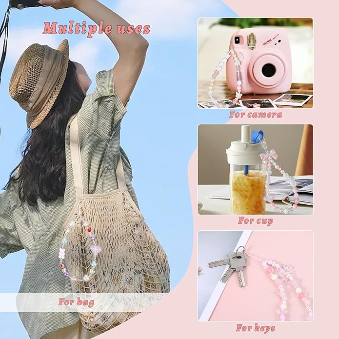 Pink Beaded Phone Wrist Straps, Y2K Phone Case Charms Camera Charm Strap, Lanyard Keychain Wristlet Aesthetic Cellphone Charm
