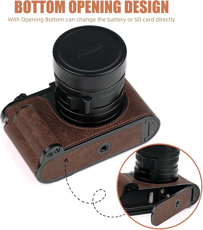 Handmade Genuine Leather Camera Half Case for Leica Q3/Leica Q3 Camera Case- Top Layer Cowhide Body + Metal Base Plate + Hand Shank Design (Dark Brown)