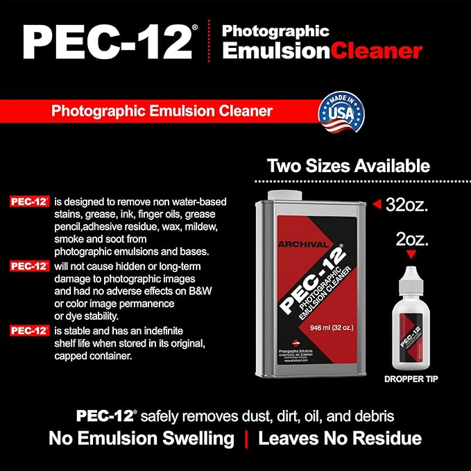PEC-12 Photographic Emulsion Cleaner - Remove Non-Water Based Stains, Grease & Ink from Emulsions and Bases - For Cleaning 35mm Film, Photo Negative, B&W Slide (32oz)