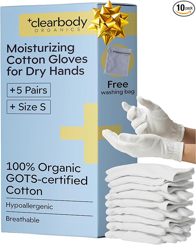Clearbody Organics 100% Organic Cotton Gloves - 5 Pairs, Small, White - DIY Hand Spa - Hand Moisturizing Gloves for Sensitive Skin - Cotton Liners for Daily Tasks