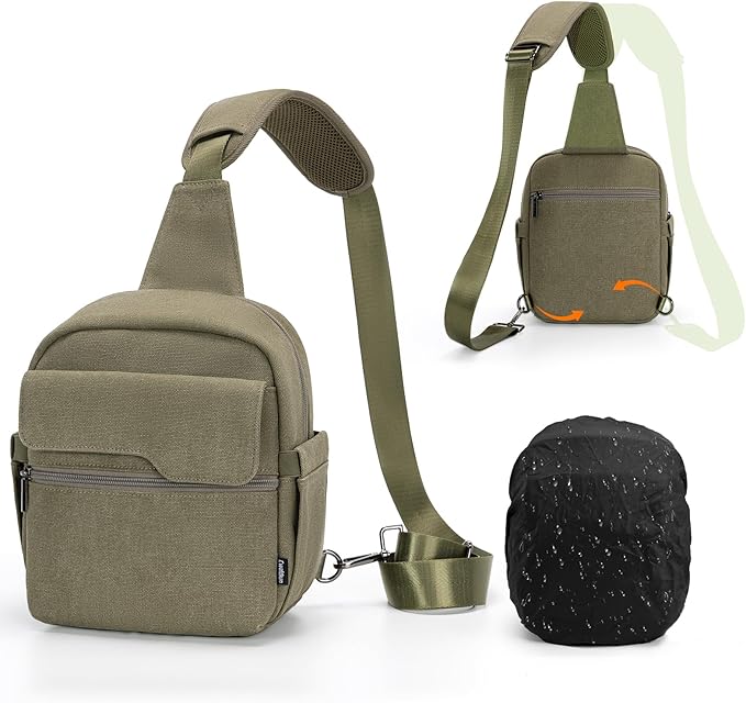 Cwatcun Camera Sling Bag Compact Small Camera Case, Waterproof Canvas Crossbody Camera Bag with Rain Cover, Travel Photography Bag for Canon Nikon Sony Fuji DSLR/SLR/Mirrorless Cameras, Lens, Green