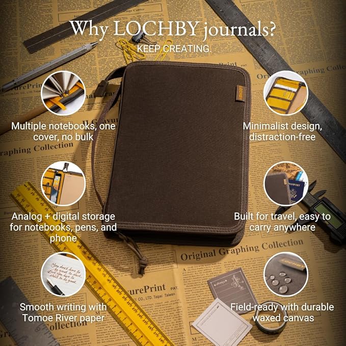 LOCHBY® Field Folio A5 | Zipper Journal Notebook Cover | Water Resistant Waxed Canvas | Included Tomoe River Notebook | Perfect for Travel, Art, Bullet Journal