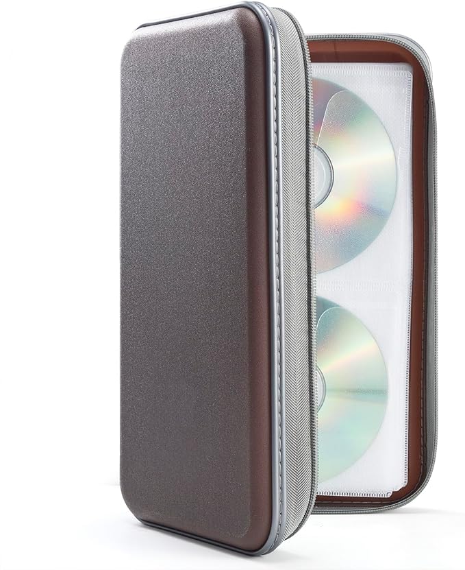 UENTIP 96 Capacity CD Case,Portable DVD Hard Plastic Case Holder CD Organizer Wallet Protective DVD Storage (coffee, 96)