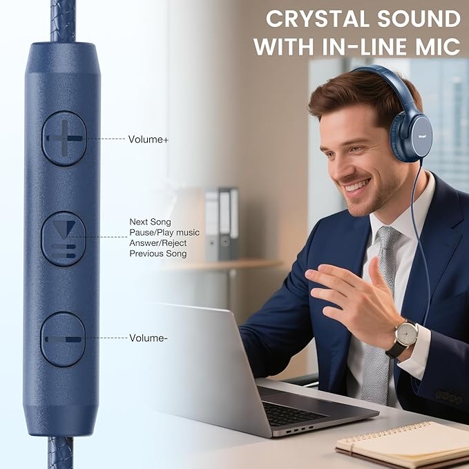 USB C Wired Over-Ear Headphones with Microphone, Volume Control, Share Port, and Adjustable Headband Foldable Stereo Headset for Adult/Teens for iPhone 16, Samsung, Laptop, Gaming, Travel