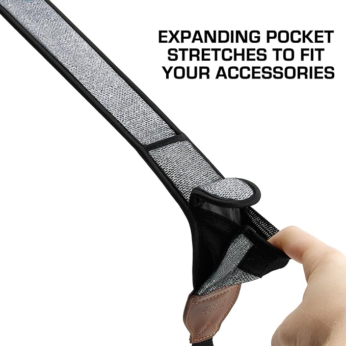 USA Gear TrueSHOT Camera Strap Neoprene Camera Straps - Padded Neck Strap, Pockets, and Release Buckles - Compatible with Canon, Nikon, Sony and More DSLR and Mirrorless Cameras (Grey Woven Pattern)