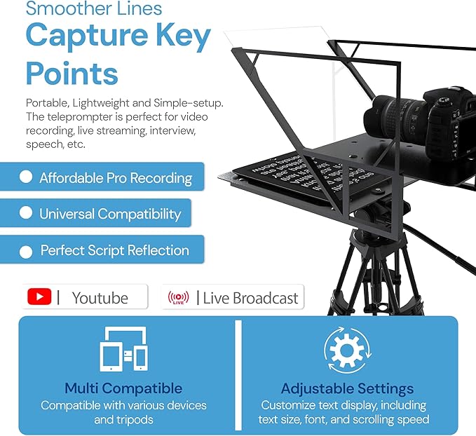 Teleprompter 5.1 12" Compatible with iPad, Tablet, Smartphone and DSLR Camera, Remote or App Control, Compatible with Android and iOS, Ideal for Video Recording, Aluminum Alloy