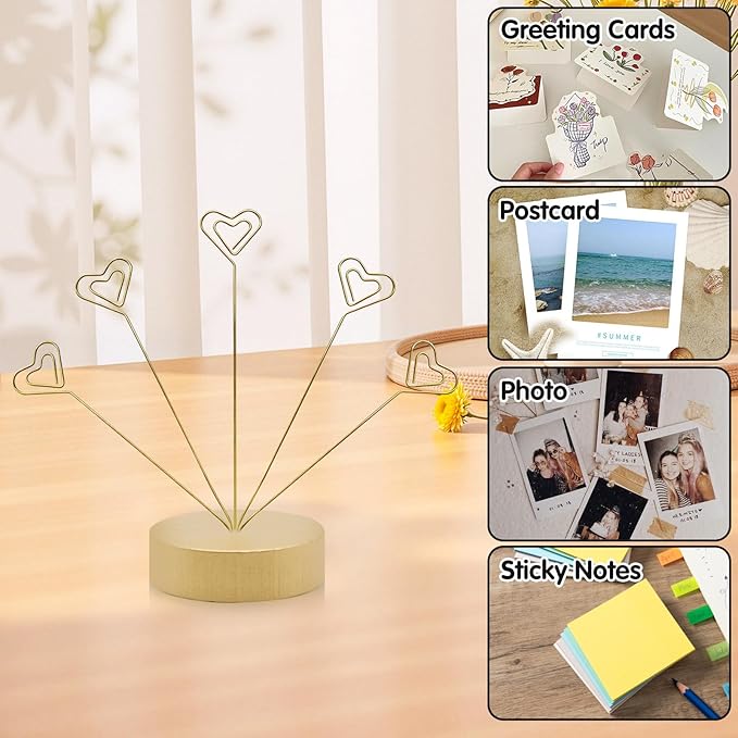 HINGTAI Heart-Shaped Photo Stand Contains Five Clips, Gold Tree Holder for Pictures Desk Photo Display Gift Tree Holder for Party, Round Base Suitable as a Gift for Holidays Weddings or Work