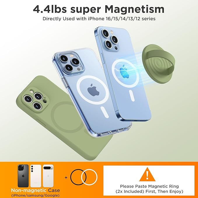 Upgraded Magnetic Phone Grip, Liquid Silicone Soft and Portable, Removable Finger Loop Ring Grip Holder for iPhone, Strong Magnetic Attraction, Compatible with MagSafe Phone Case, Tea Green