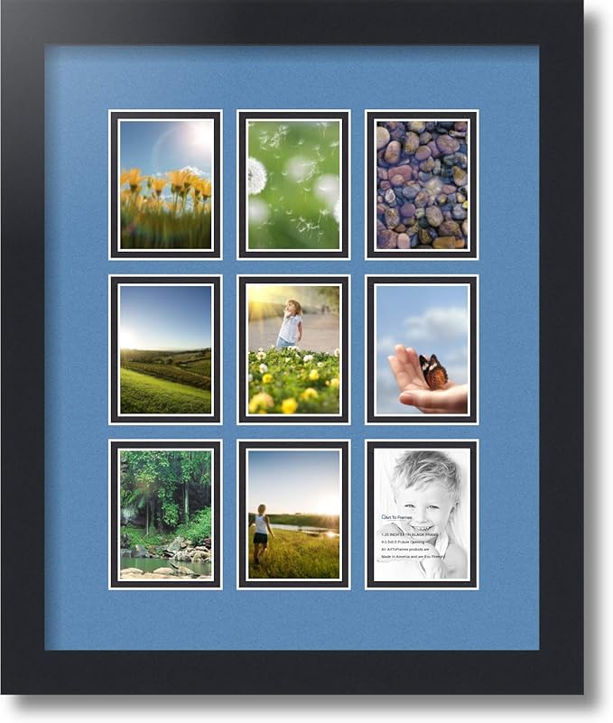 ArtToFrames Collage Photo Frame Double Mat with 9-2.5x3.5 Openings with Satin Black Frame and Liberty Blue mat.